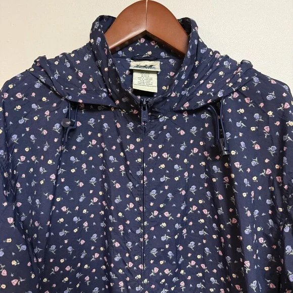 Vintage Northern Reflections XL Floral Rain Jacket Hooded Windbreaker Navy Nylon - Picture 2 of 12